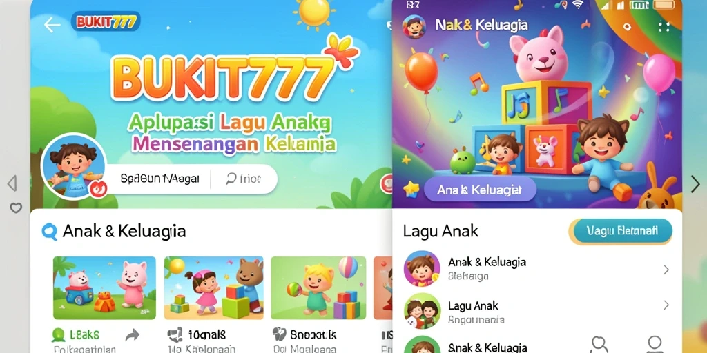 Antarmuka aplikasi BUKIT777 dengan pilihan lagu anak yang berwarna-warni.
