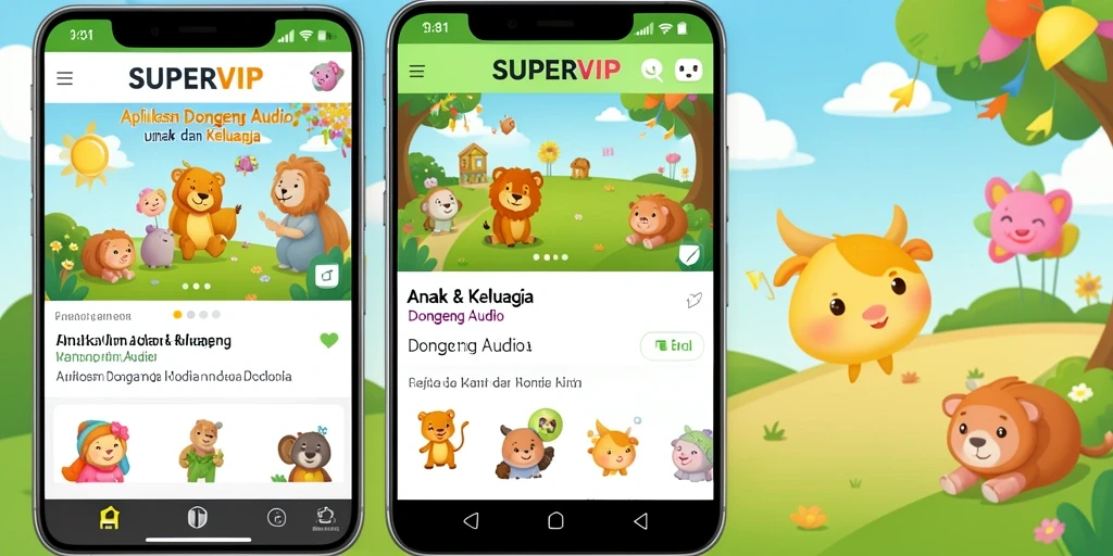 Antarmuka aplikasi SUPERVIP menampilkan beragam pilihan dongeng untuk anak.